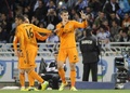 13-14スペイン1部リーグ第32節、レアル・ソシエダ（Real Sociedad）対レアル・マドリード（Real Madrid）。得点を挙げ喜ぶレアル・マドリードのアルバロ・モラタ（Alvaro Morata、2014年4月5日撮影）。(c)AFP/ANDER GILLENEA
