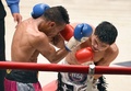 ボクシング、WBA世界スーパーフライ級タイトルマッチ12回戦。ノルベルト・ヒメネス（Norberto Jimenez、左）と対戦する河野公平（Koehi Kono、2014年12月31日撮影）。(c)AFP/Toru YAMANAKA