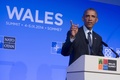 英ウェールズ（Wales）ニューポート（Newport）のケルティック・マナー・リゾート（Celtic Manor Resort）で行われた北大西洋条約機構（NATO）首脳会議で記者会見するバラク・オバマ（Barack Obama）米大統領（2014年9月5日撮影）。(c)AFP/SAUL LOEB