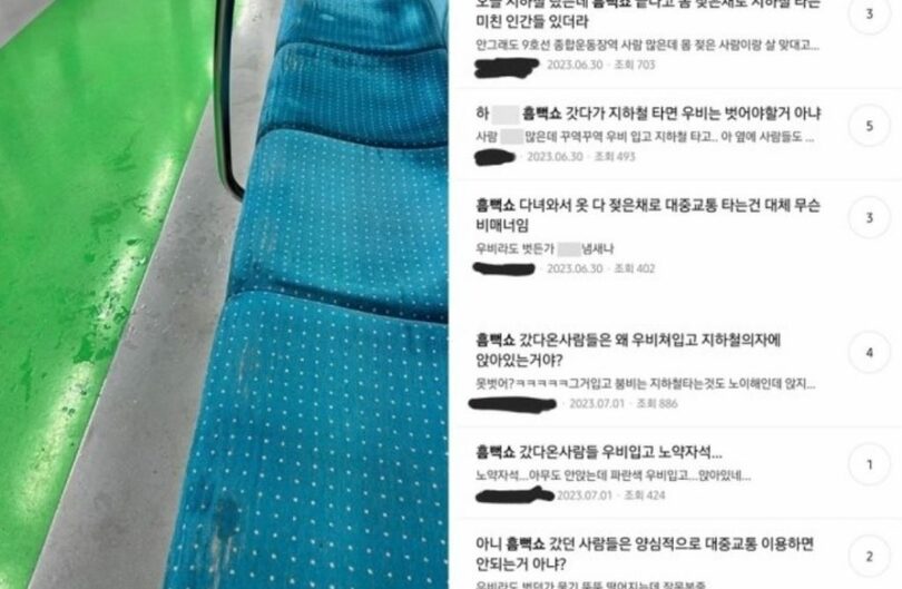 濡れた座席・床の写真と、批判するコメント（写真=オンラインコミュニティ）(c)MONEYTODAY
