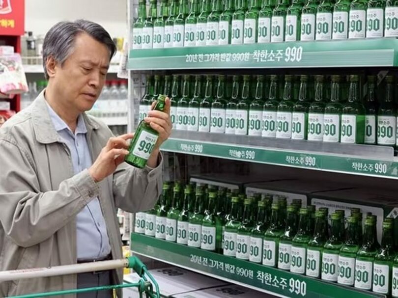ソウルの可楽モールのダノンマートに陳列された「優しい焼酎990」(c)news1