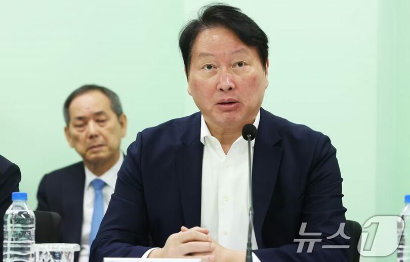 京畿道華城市で開かれた懇談会であいさつするチェ・テウォン（崔泰源）大韓商工会議所会長(c)news1
