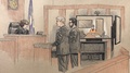 米ミネソタ州内の勾留施設からビデオを通じてミネアポリスの裁判所に出頭したデレク・ショービン容疑者（右）を描いた法廷画（2020年6月8日作成）。(c)Cedric HOHNSTADT / AFP