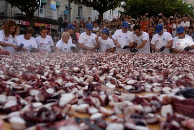 タコ祭りの村、巨大タコ料理で世界記録に挑戦 スペイン