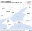 7月16日～17日夜間に攻撃されたロシア支配下クリミア半島とロシア本土を結ぶクリミア橋およびウクライナ南部の位置関係（2023年7月17日作成）。(c)Paz PIZARRO / AFP