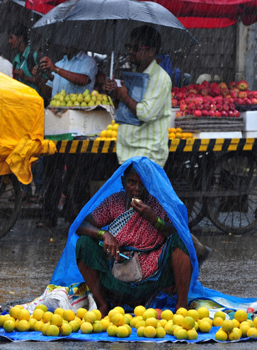 豪雨の中でも営業中 インドの果物売り