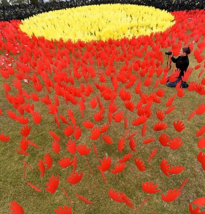 無数の「手」がつくるアボリジニの旗、豪国民和解週間