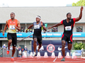 陸上、全米選手権（USA Outdoor Track &amp; Field Championships）男子100メートル決勝。レースに臨む（左から）タイソン・ゲイ（Tyson Gay）、マイケル・ロジャース（Michael Rodgers）、ジャスティン・ガトリン（Justin Gatlin、2012年6月24日撮影）。(c)AFP/Getty Images/Christian Petersen