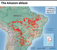 アマゾンの熱帯雨林で8月22日～23日時点で発生している森林火災を示した図。(c)JEAN-MICHEL CORNU, CECILIA SANCHEZ / AFP