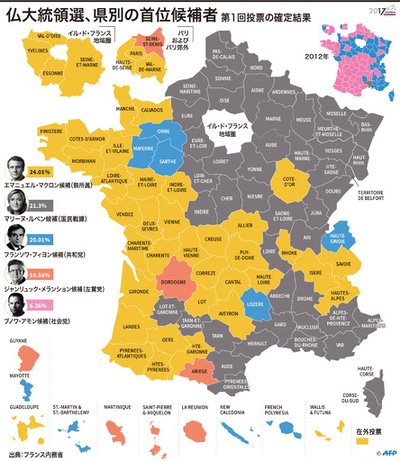 【図解】仏大統領選、県別の首位候補者