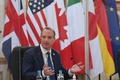 英ロンドンで始まった先進7か国（G7）外相会議で発言するドミニク・ラーブ英外相（2021年5月4日撮影）。(c)Stefan Rousseau / POOL / AFP