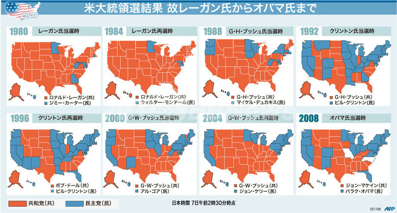 【図解】米大統領選結果 レーガン氏からオバマ氏まで