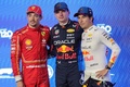 24F1第2戦サウジアラビアGP予選。（左から）2番手に入ったフェラーリのシャルル・ルクレール、ポールポジションを獲得したレッドブルのマックス・フェルスタッペン、3番手に入ったレッドブルのセルヒオ・ペレス（2024年3月8日撮影）。(c)Giuseppe CACACE/ AFP