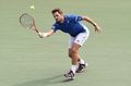 男子テニス、楽天ジャパンオープン、シングルス準々決勝。リターンを狙うスタン・ワウリンカ（2015年10月9日撮影）。(c)AFP/Toru YAMANAKA