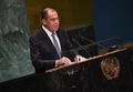 米ニューヨークの国連本部で開かれた国連総会で一般討論演説を行うロシアのセルゲイ・ラブロフ外相（2018年9月28日撮影）。(c)Angela Weiss / AFP
