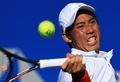 テニス、メキシコ・オープン、男子シングルス1回戦。リターンを打つ錦織圭（2018年2月27日撮影）。(c)AFP PHOTO / PEDRO PARDO