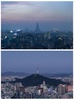 北朝鮮・平壌の風景（上、2013年5月5日撮影）と韓国ソウルの風景（下、2015年7月9日撮影）。(c)AFP/Ed JONES