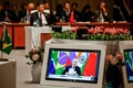 BRICS首脳会議（サミット）にオンラインで出席するロシアのウラジーミル・プーチン大統領。南アフリカ・ヨハネスブルクで（2023年8月23日撮影）。(c)GIANLUIGI GUERCIA / POOL / AFP