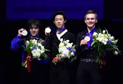 「4回転キング」チェンが世界フィギュア初優勝、宇野2位