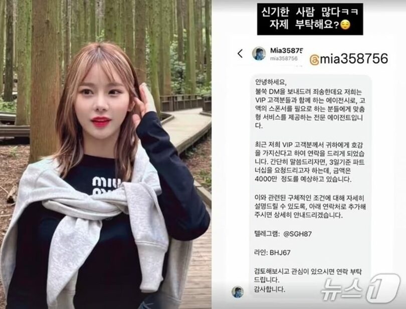 メン・スンジのInstagramに投稿されたスポンサー提案DMのスクリーンショット=Instagram(c)news1