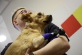 ロシア・ノボシビルスクにあるクリニックで、4本の義足を装着したモニカを抱いた獣医師のセルゲイ・ゴルシュコフ氏（2021年11月19日撮影）。(c)Rostislav NETISOV / AFP