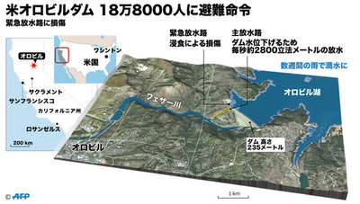 【図解】米オロビルダム、18万8000人に避難命令