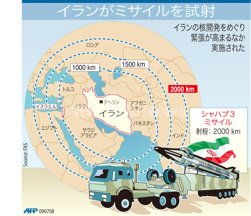【図解】イランのシャハブ3ミサイルの到達範囲 写真1枚 国際ニュース:AFPBB News