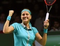 女子テニス、WTAツアー選手権（BNP Paribas WTA Championships - Singapore 2014）4日目。勝利を喜ぶペトラ・クビトバ（Petra Kvitova、2014年10月23日撮影）。(c)AFP/ROSLAN RAHMAN