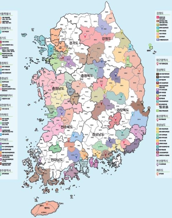 韓国の火葬場の現状。同じ色で表示した地域は隣接する火葬場での火葬可能地域。白色は火葬場がない地域＝保健福祉省提供(c)MONEYTODAY