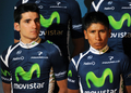 2012年シーズンの新チーム発表記者会見に臨むモビスター・チーム（Movistar Team）のナイロ・キンタナ（Nairo Quintana、右）とエンリケ・サンス（Enrique Sanz、2012年2月1日撮影）。(c)AFP/DOMINIQUE FAGET