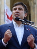 グルジア・トビリシ（Tbilisi）の議会建物前で、演説を行うミハイル・サーカシビリ（Mikheil Saakashvili）大統領（2008年8月12日撮影）。(c)AFP/VLADIMIR VALISHVILI