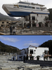 東日本大震災の被災地の震災直後の様子と、2012年1月の様子。

写真上は岩手県大槌町で、津波に流されて2階建ての建物の上に乗り上げた遊覧船（2011年4月16日撮影）。写真下は現在の様子（2012年1月16日撮影）。(c)AFP/YASUYOSHI CHIBA/TORU YAMANAKA