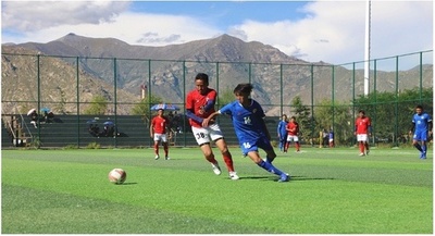 雪山下の緑の芝生のフィールド 中国・チベット