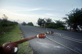 2007年9月14日、インドネシア・北ブンクル（North Bengkulu）州Ketahunで、道路に倒れた電柱。(c)AFP/ADEK BERRY
