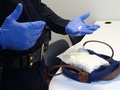 米フロリダ州フォートローダーデールの警察でフラッカの結晶を手にする、特殊捜査部門の責任者、ダナ・スウィッシャー氏（2015年6月18日撮影）。(c)AFP/DIEGO URDANETA