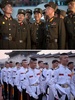 北朝鮮・平壌で花の品評会に参加した北朝鮮兵（上、2013年7月26日撮影）と韓国ソウルで行われた解放記念日（光復節）のパレードに参加した韓国海軍兵（下、2015年8月15日撮影）。(c)AFP/Ed JONES