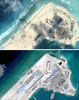 米デジタルグローブが撮影した南シナ海の南沙諸島・永暑礁の写真（上：2006年1月22日撮影、下：2015年4月2日撮影）。(c)AFP/CSIS Asia Maritime Transparency Initiative/DigitalGlobe