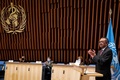 世界保健機関（WHO）年次総会で演説するWHOのテドロス・アダノム・ゲブレイェスス事務局長。WHO公開（2021年5月24日撮影）。(c)AFP PHOTO / World Health Organisation / Christopher BLACK 