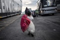 ギリシャ・アテネ近郊の港に到着し、バスに向かって歩く移民の少女（2020年5月4日撮影、資料写真）。(c)Louisa GOULIAMAKI / AFP