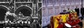 英ロンドンのウェストミンスターホールに運ばれるジョージ6世のひつぎ（左、1952年2月11日撮影）と、同ホールに運ばれるエリザベス女王のひつぎ（右、2022年9月14日撮影）。(c)Danny Lawson / various sources / AFP