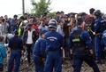 ハンガリー南部で、ロスケの移民集合場所から規制線を突破し、線路上を歩く難民らを制止する警官（2015年9月8日撮影）。(c)AFP/ATTILA KISBENEDEK