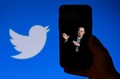 ツイッターのロゴと、携帯電話に表示されたイーロン・マスク氏の写真（2022年10月4日撮影、資料写真）。(c)OLIVIER DOULIERY / AFP