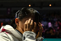 第51回世界体操競技選手権、女子種目別平均台決勝。優勝が決まり涙を流す渡部葉月（2022年11月6日撮影）。(c)Ben Stansall / AFP