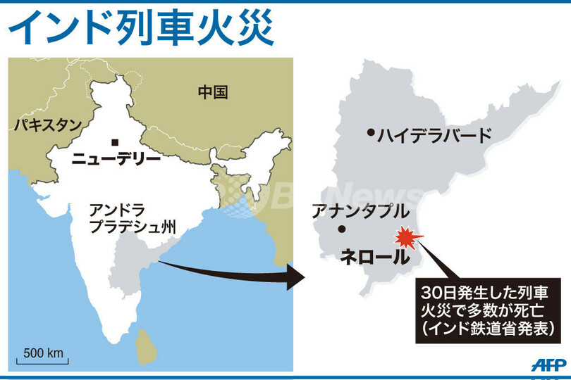 インドで列車火災、32人が死亡