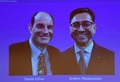 2021年ノーベル医学生理学賞の受賞が決まった、デービッド・ジュリアス氏（左）とアーデム・パタポティアン氏の写真。スウェーデン・ストックホルムのカロリンスカ研究所で（2021年10月4日撮影）。(c)Jonathan NACKSTRAND / AFP