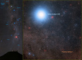 太陽に最も近い恒星系を構成する三重連星。明るい連星「アルファ・ケンタウリA」と「アルファ・ケンタウリB」の右下に、暗い伴星の「プロキシマ・ケンタウリ」が見える（2017年1月9日公開）。(c)AFP PHOTO / EUROPEAN SOUTHERN OBSERVATORY/ BABAK TAFRESHI(twanight.org)/Digitized Sky Survey 2