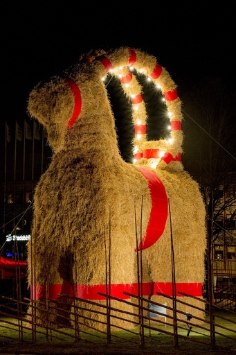 スウェーデン伝統の巨大ワラ「ヤギ」人形登場、アドベントで