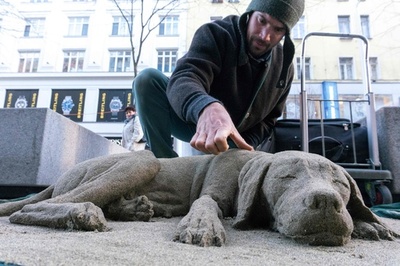 スヤスヤお昼寝、砂でできたワンちゃん オーストリア