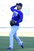 ヒューストン・アストロズとの17MLBワールドシリーズ（7回戦制）第1戦を控え、本拠地ドジャースタジアムで練習に臨むロサンゼルス・ドジャースの前田健太（2017年10月23日撮影）。(c)AFP/Getty Images/Harry How