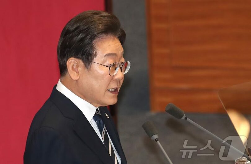 2025年6月26日、ソウル・汝矣島の国会本会議場で施政方針演説をするイ・ジェミョン（李在明）大統領(c)news1